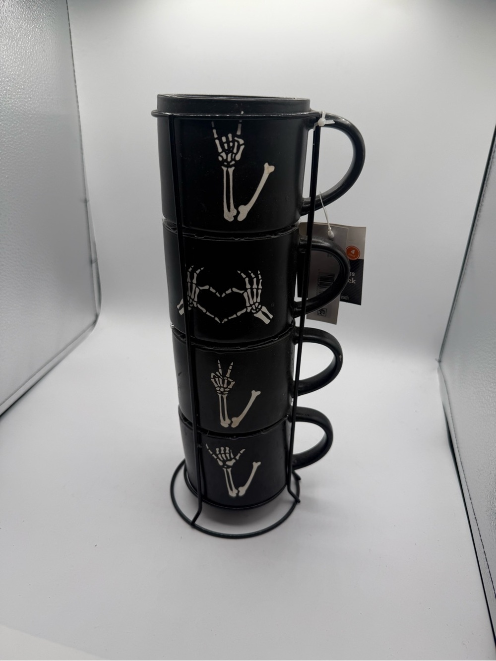 Halloween Black Skeleton Hand Stoneware Stackable Mug Set with Iron Rack